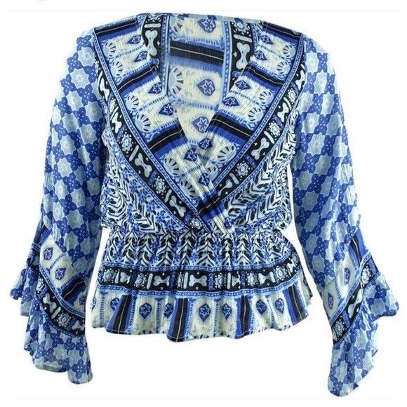 Free People Indigo Rosalie Wrap Top Blue Deep V Boho Ruffle Sleeve Size small - Picture 10 of 12